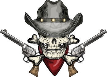 Illustration with skull in cowboy hat and  handkerchief against two revolvers drawn in tattoo sketch style