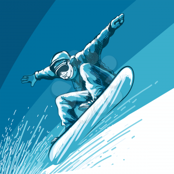 Jumping snowboarder. Colorful illustration in sketch style.
