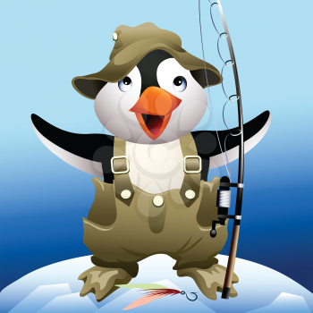 Funny illustration with little penguin who stays on a top of iceberg in fisherman uniform and brags of the huge catch