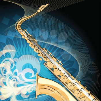 Illustration of saxophone against swirls background drawn with using selfmade pattern