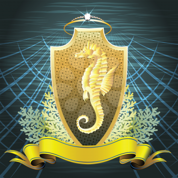 The golden seahorse shield with pearl crown, corals and amber banner against dark blue wavy background drawn in classic style
