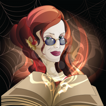Illustration of  the witch with open book of spells and inflaming magic fire against spider webs drawn in cartoon style