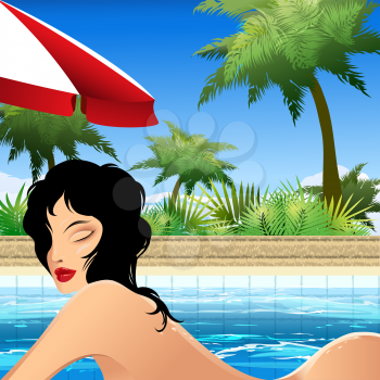 Illustration with black haired beauty relaxing under sunshade  near the swimming pool against tropical landscape