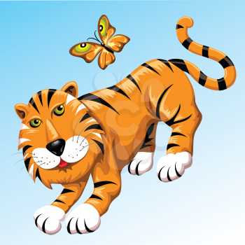 Funny illustration with tiger and flitting butterfly of a tiger coloring drawn in cartoon style