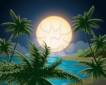 Tropical seascape. Sea island  with palm trees, mountain. moon and clouds.