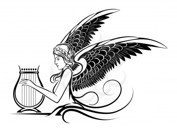 Illustration of ancient winged Muse playing on a harp. Isolated on white background.