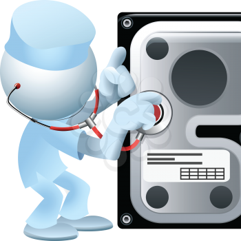 Illustration with simplified man in doctor clothes who holds a stethoscope in his hand and hard disc as allegory of computer hardware recovery and diagnostics utilities