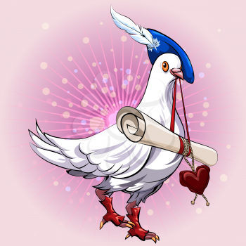 Illustration with pigeon in herald clothes bringing love message in his beak against festive bubbles background