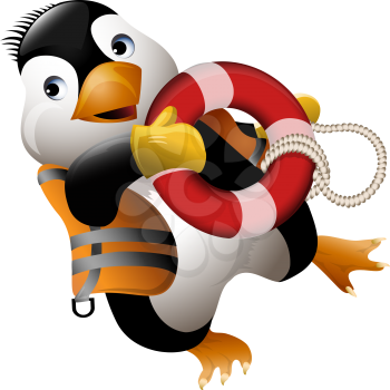 Funny illustration with penguin with life ring running to help drawn in cartoon style
