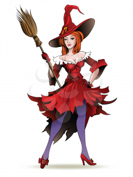 Illustration of pretty witch in magic hat posing with a broom isolated on white