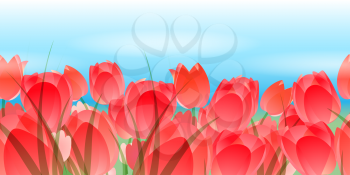 Flower horizontal seamless border. Red tulips against blue sky.