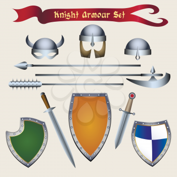 Medieval Tournament accessories and knight armour elements. Vector illustration in cartoon style.