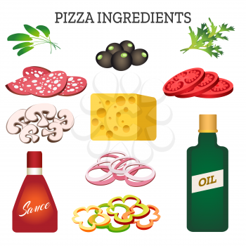 Set of different ingredients for pizza. Vector illustration.