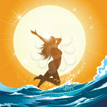 Beautiful young girls running in the sea. Summertime or vacation poster design element