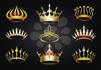 Set of various golden crowns on black background. Vector illustration.