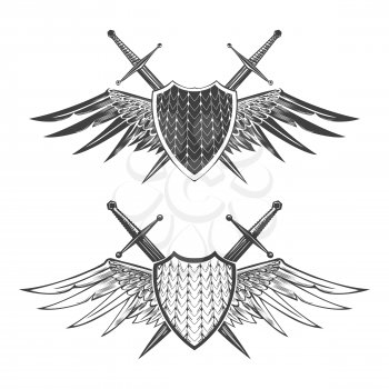 Two shields with swords and wings. Knight or heraldic design elements. Vector illustration isolated on white. 
