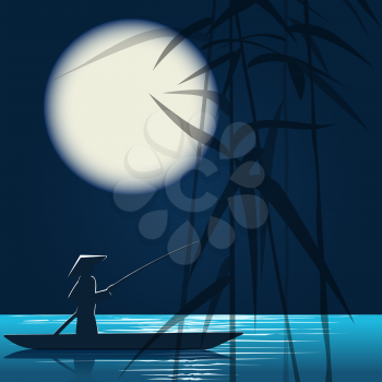 Fisherman in a boat at full moon night. Vector illustration.
