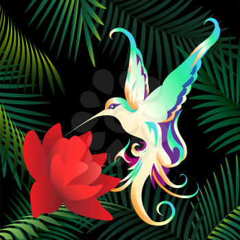 Humming bird flies over tropic flower in night tropic forest. Vector illustration.