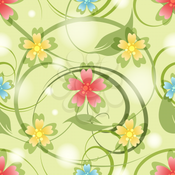 Seamless Pattern with colorful meddow flowers and leaves. Vector illustration.