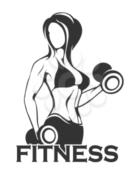 Fitness Emblem presenting Female bodybuilder lifting dumbbells silhouette isolated on white background. Vector illustration.
