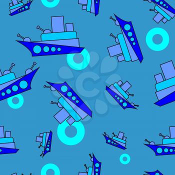 Seamless vector pattern, backgrounds, sea, cartoon Battleship, life buoy