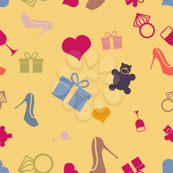 March 8 characters. Seamless pattern. Heart, ring, shoes, gift