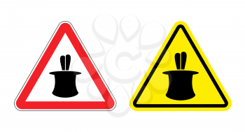Warning sign of attention magic tricks. Hazard yellow sign magic cylinder and rabbit. Hat and Hare on red triangle. Set Road signs