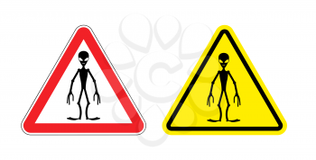 Warning sign of attention aliens. Hazard yellow sign space invaders. Silhouette of  humanoid with  red triangle. Set  Road signs.