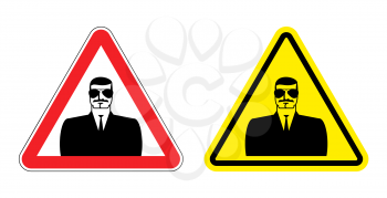 Warning sign of attention to spy. Hazard yellow sign secret agent. Silhouette  security guard on red triangle. Set Road signs.