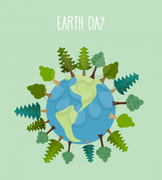 earth day. Earth with trees.   Vector geometric trees and grass silhouettes