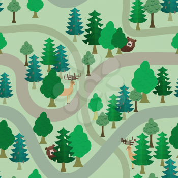 Forest vector seamless pattern. Bear and deer among trees. trails and trees