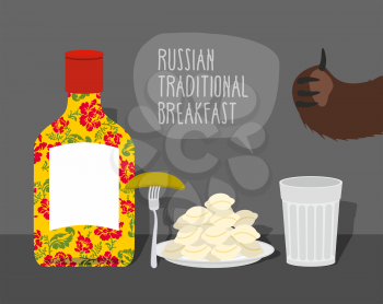 Russian traditional breakfast: vodka, dumplings and pickle. Bears paw. Vector illustration
