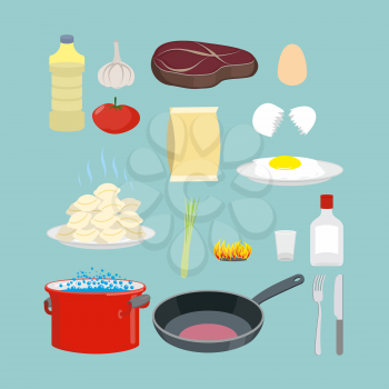 Set of kitchen utensils and food. Pan and casserole, meat and eggs. Vector objects for infographics in cooking instructions.
