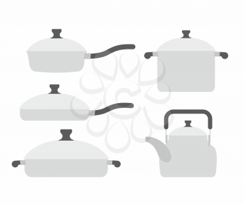 Set  kitchen utensils: frying pan and saucepan. Tea and roaster. Kitchen tools vector illustration