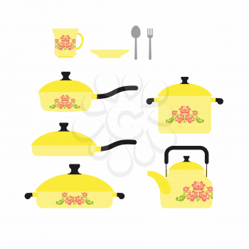 Set of dishes for cooking. Cookware: cup and saucer. Frying pan and saucepan. Knife and fork. Set yellow retro dishes with a flower. Vector illustration