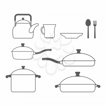 Set of dishes. Kitchen utensils of lines. Vector illustration