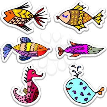 Cartoon fish, illustration of various marine animals, fish, whale, algae, backgrounds, a set of stickers, set of marine animals
