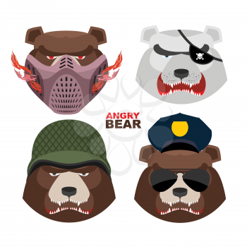 Bears set. A masked bear, polar bear, grizzly bear PIRATE in an army helmet, bear police Sun glasses