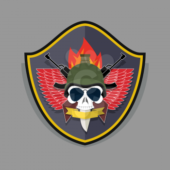 Military logo. Skull wearing a helmet with a weapon for Special warfare