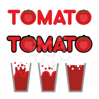 Tomato juice. Set of cups and mugs with tomato juice. Letters and slice of tomato. vector illustration
