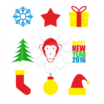 Set Symbols of  new year. Christmas tree and monkey. Snowflake and star. Hat of Santa Claus and Christmas tree toy. happy new year 2016. Vector illustration. Web icons.
