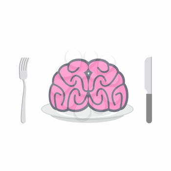 Brain on  plate. Cutlery: knife and fork. Allegory of Food vector illustration. Delicacy for zombies
