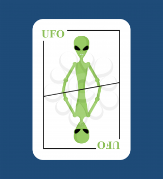Playing card UFO. Conceptual new card alien. Green space invader with big eyes. Picks up into space in game all  characters.