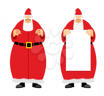 Santa Claus holding blank. Grandfather with a grey beard, fairytale character who brings gifts to children at Christmas.
