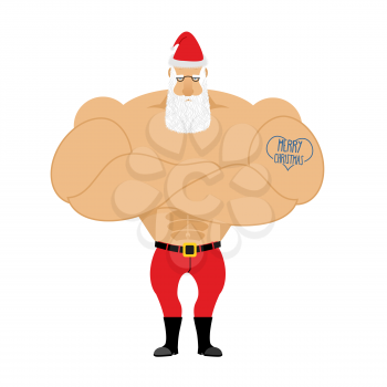 Strong Santa Claus. Santa with big muscles. Old bodybuilder with tattoo. Athlete old man in red shorts and Cap.
