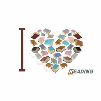 I love to read. Symbol  heart of  book reading. Many books vector illustration.
