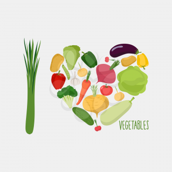 I love vegetables. Heart of  vegetables. healthy food. Vector illustration
