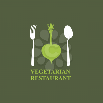 Logo for vegetarian restaurants or cafes. Cutlery: fork and spoon and radish.
