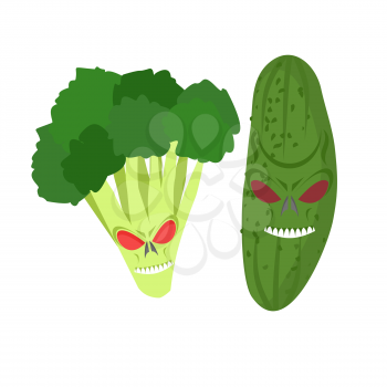 Angry vegetables. Wicked cucumber. Ferocious broccoli. Vector illustration
