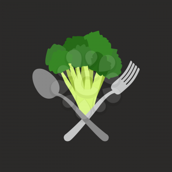 Vegetarian logo. Broccoli with a fork and spoon. Vector emblem